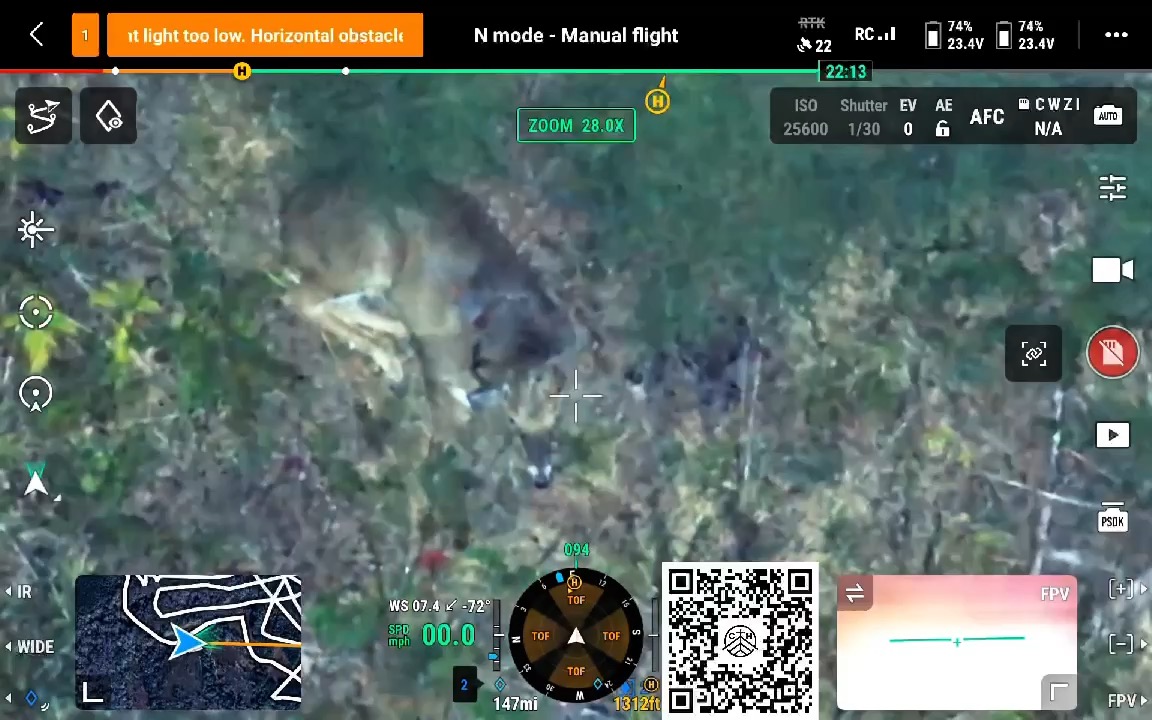Thermal drone controller screen showing a deer in low vegetation at night