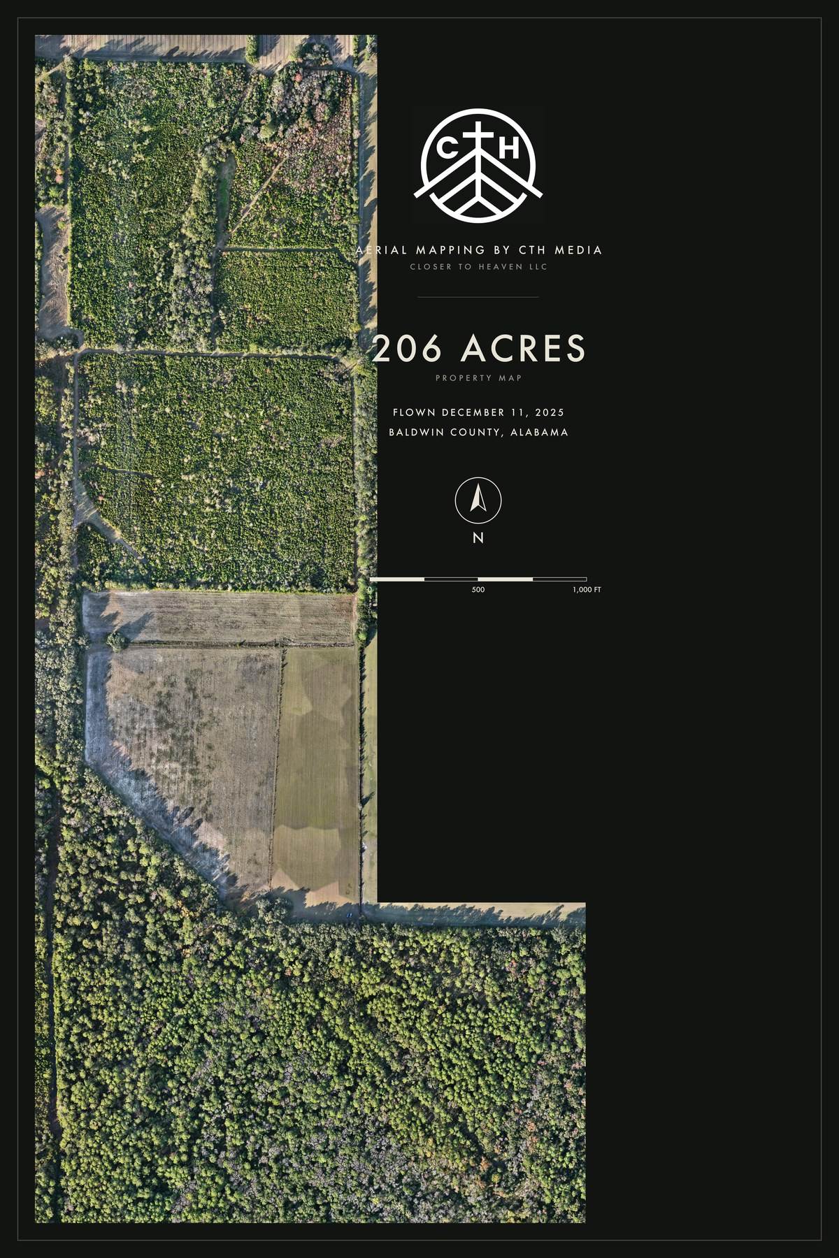 24 by 36 inch printed poster layout of a mapped hunting property, dark background with CTH Media emblem, acreage, north arrow and scale bar